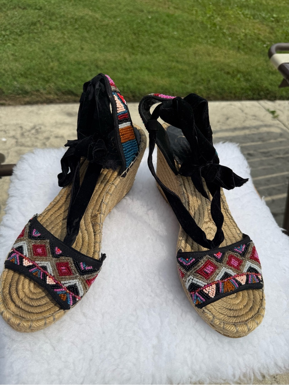 Ash Black Tie-Up Espadrille Wedges with Multicolor Bead Embroidery